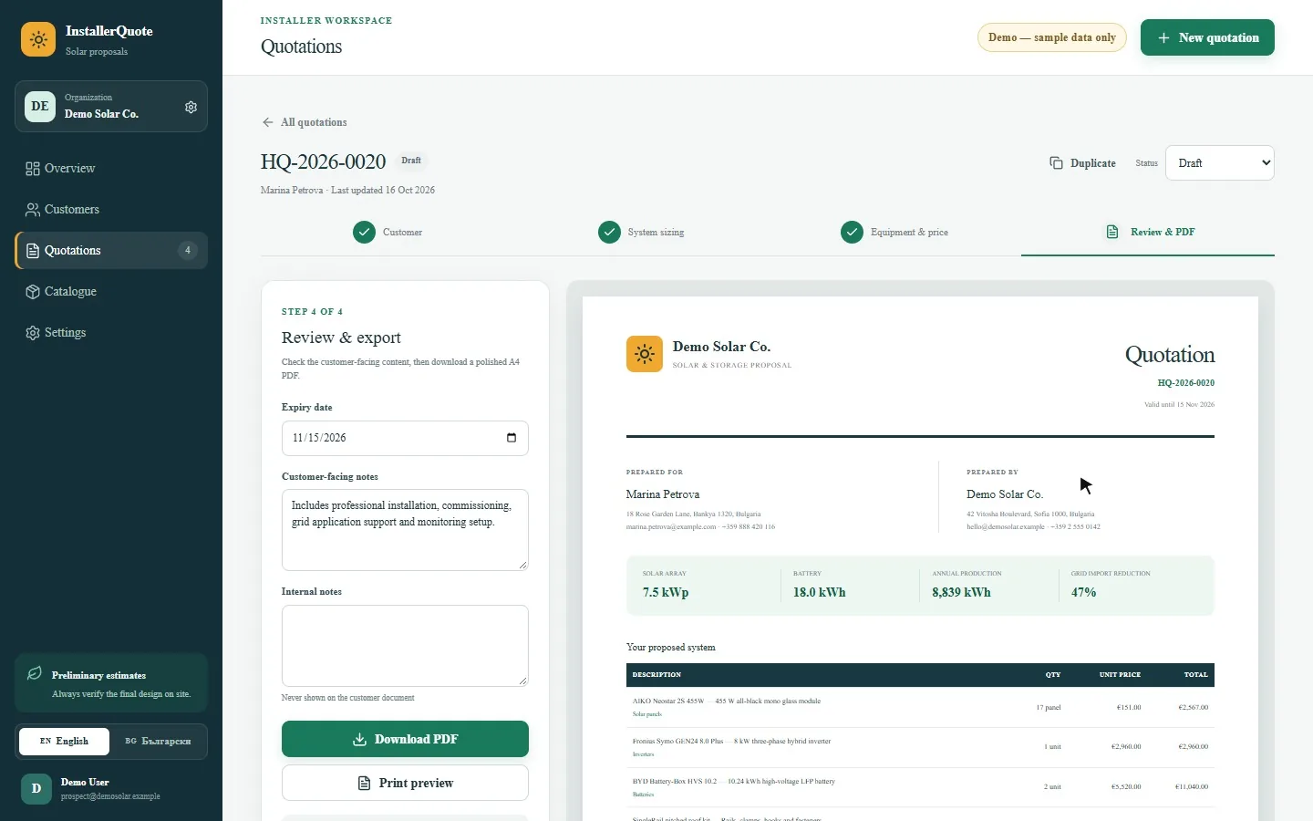 A walkthrough of the InstallerQuote demo: picking a customer, raising their yearly consumption so the recommended system grows from 5.5 to 7.5 kWp, checking the priced equipment and opening the customer-facing PDF quotation