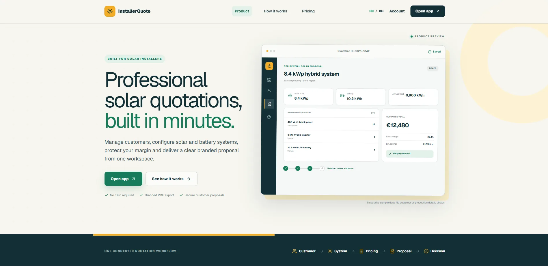 The installerquote.com homepage with a sample quotation for an 8.4 kWp hybrid system