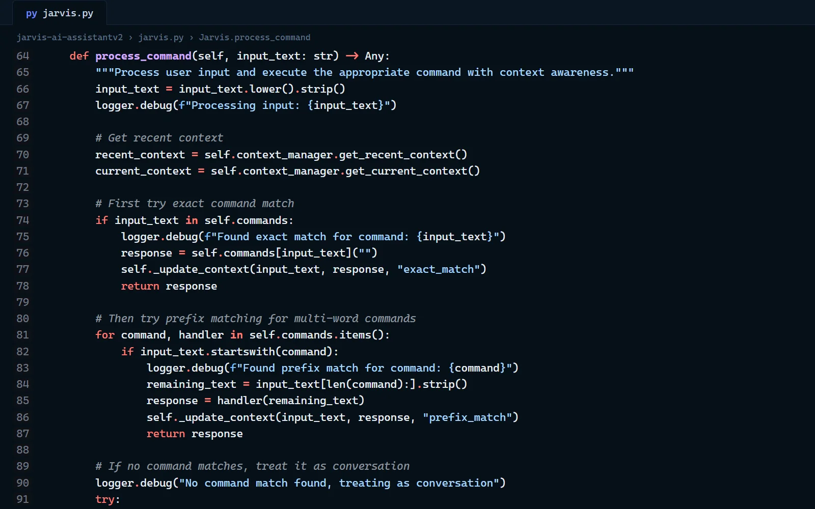 The process_command method in jarvis.py