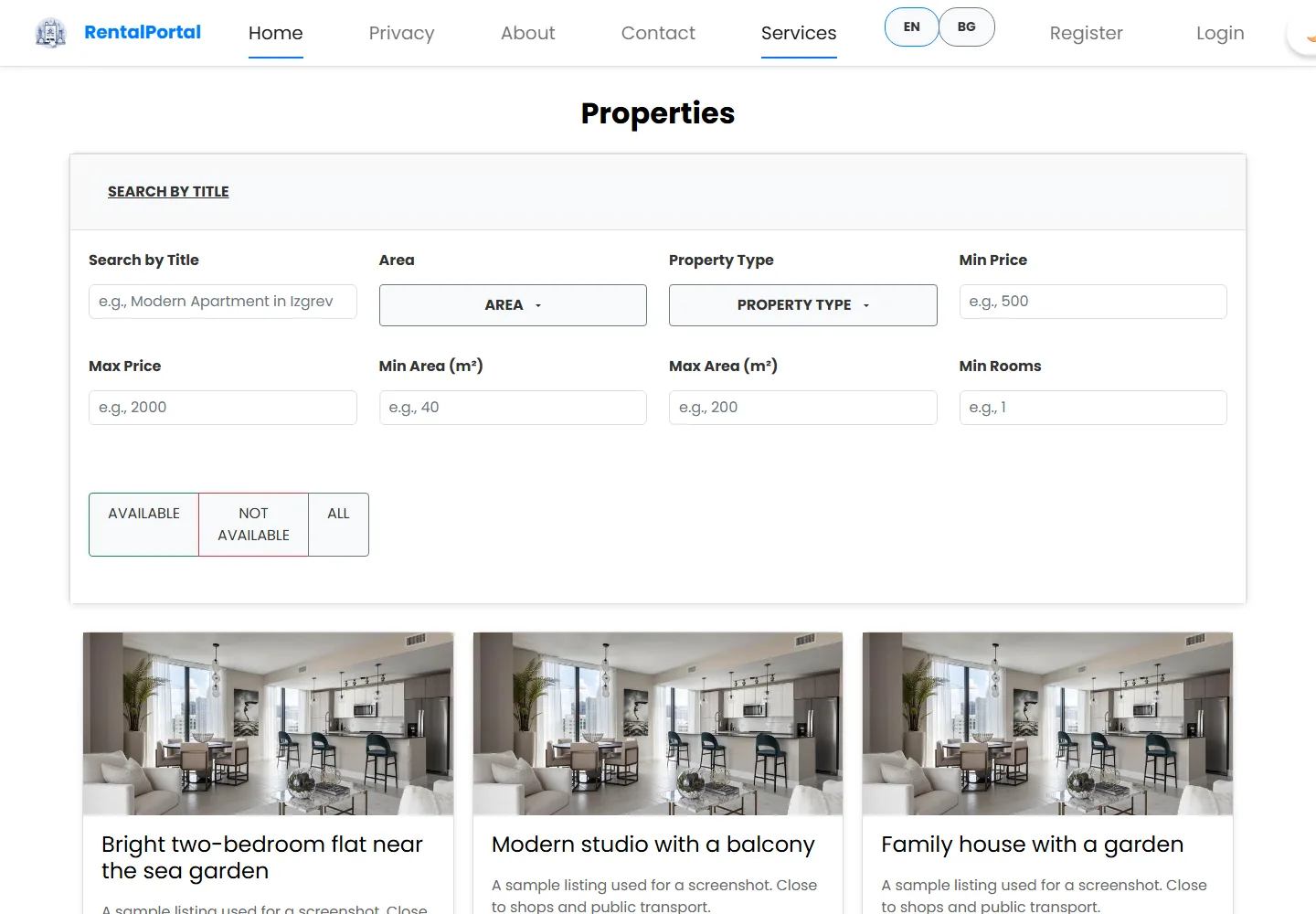 The Rental Portal listings page with search filters for title, district, type, price, area, rooms and availability